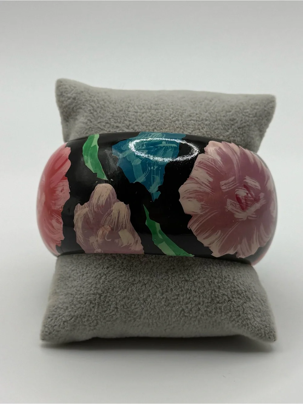 Black Floral Painted Cuff Bracelet in Pink and Green